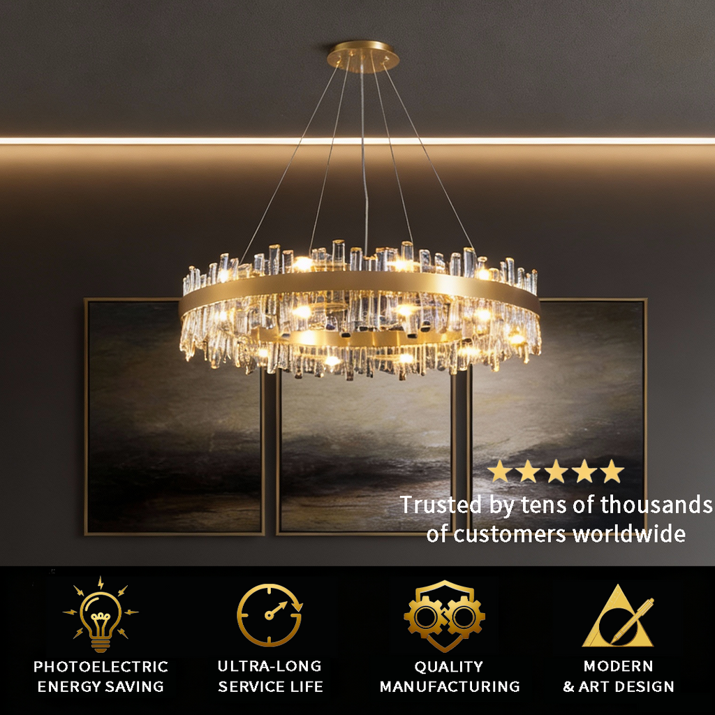 Luxury Gold Finish Stainless Steel Circular Crystal Chandelier