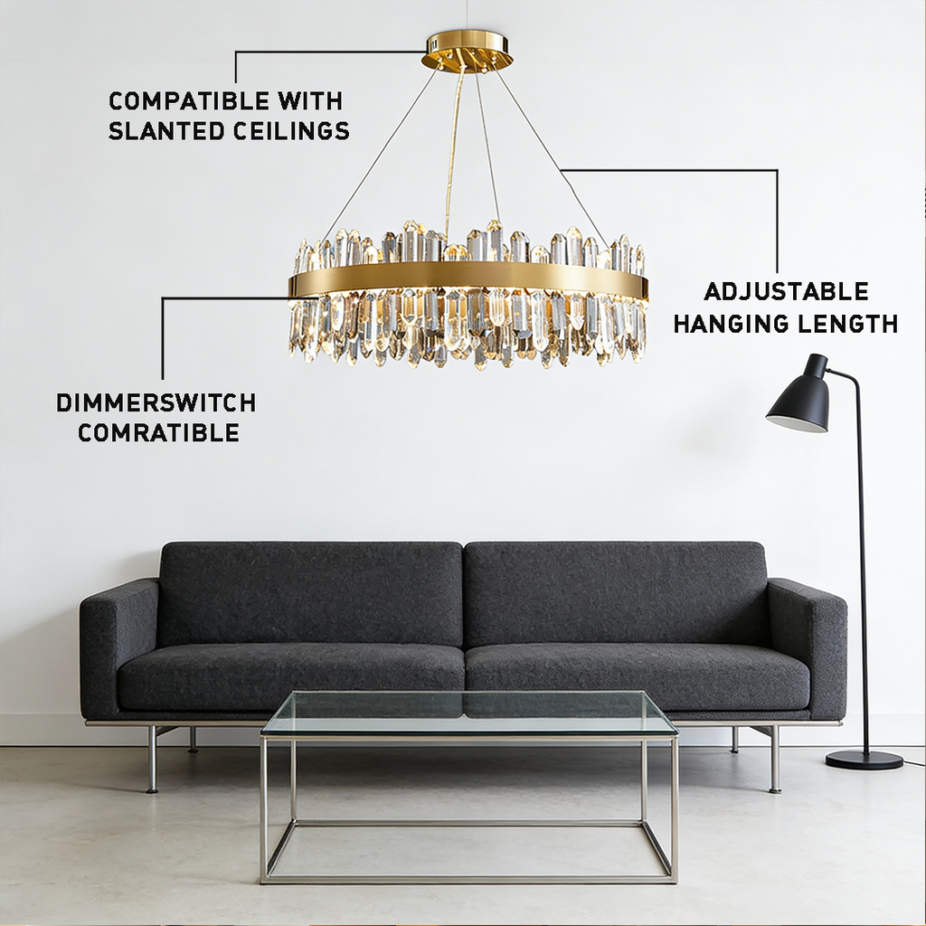 Luxury Gold Finish Stainless Steel Circular Crystal Chandelier