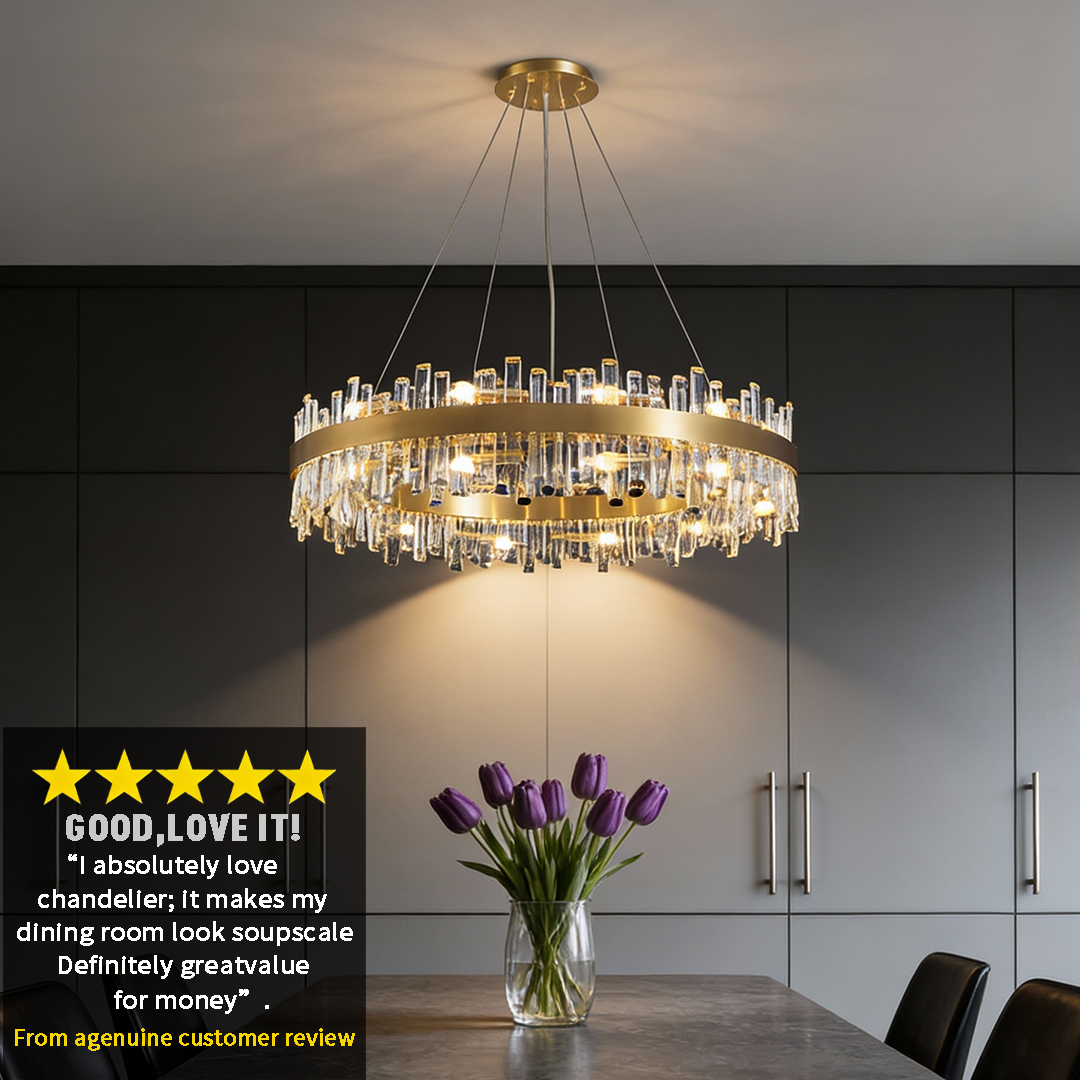 Luxury Gold Finish Stainless Steel Circular Crystal Chandelier