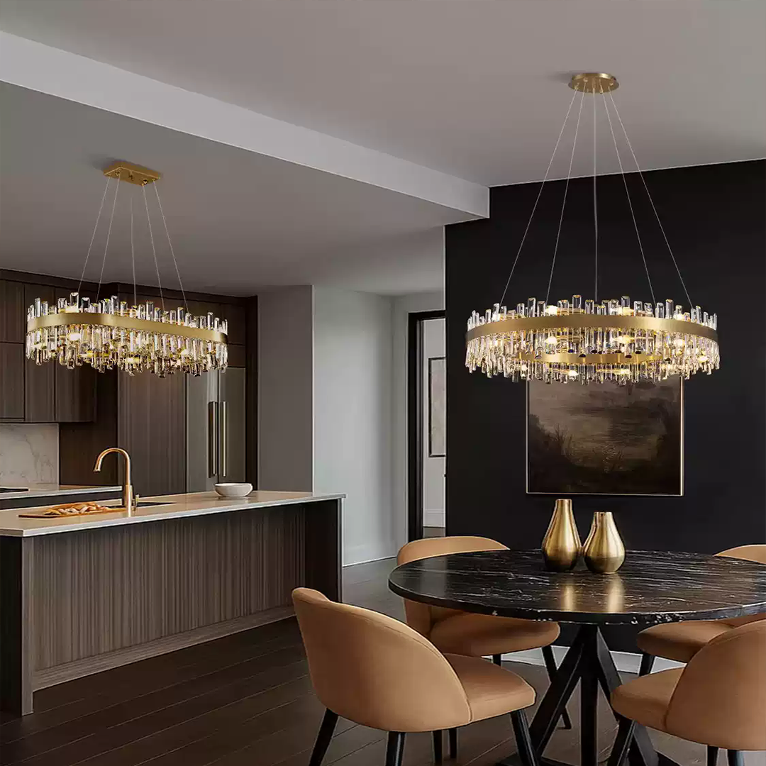 Luxury Gold Finish Stainless Steel Circular Crystal Chandelier