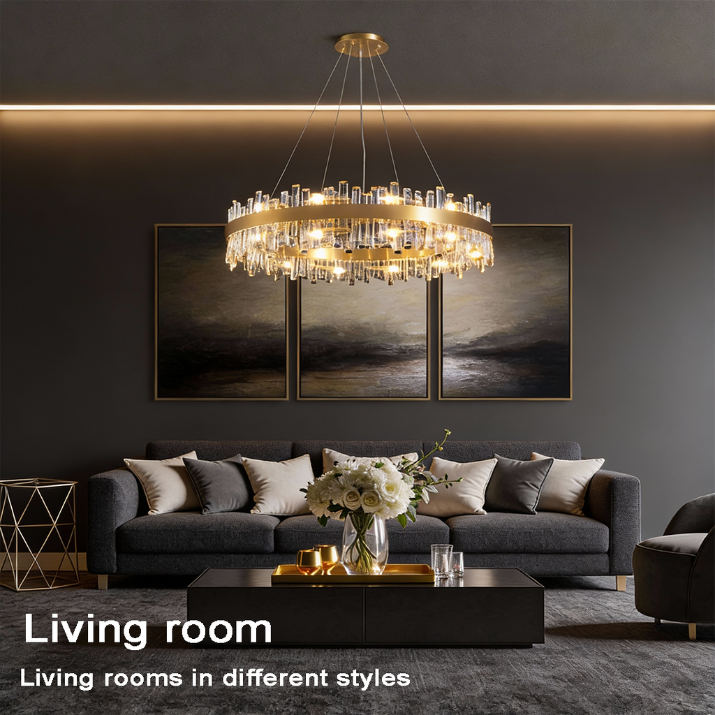Luxury Gold Finish Stainless Steel Circular Crystal Chandelier