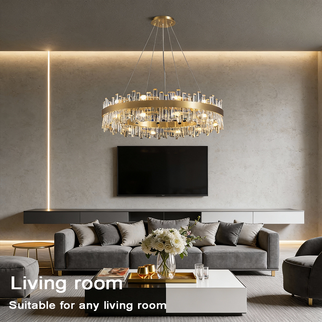 Luxury Gold Finish Stainless Steel Circular Crystal Chandelier