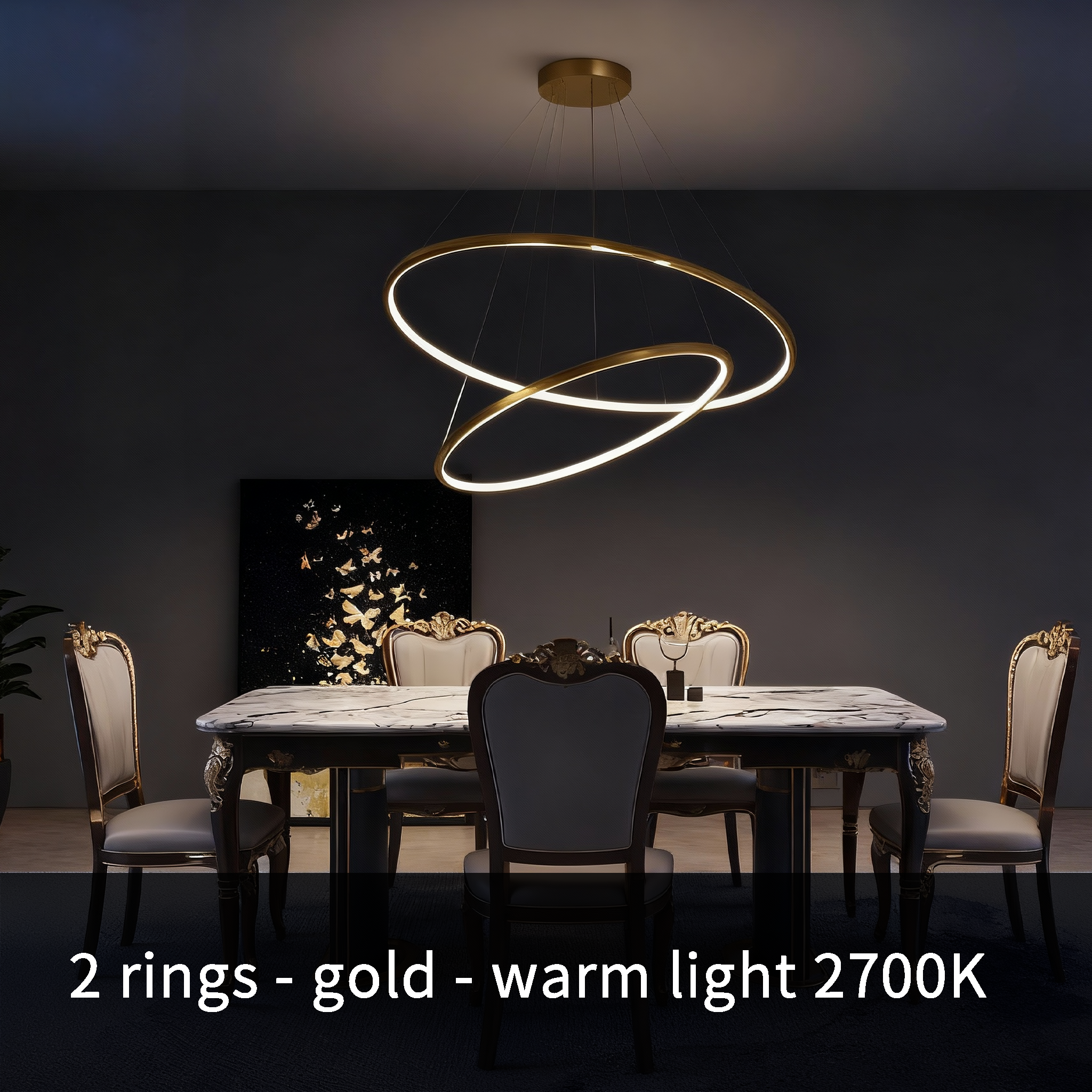Metallic Gold Ring Chandelier - Warm White 3000K Adjustable Modern Hanging Light