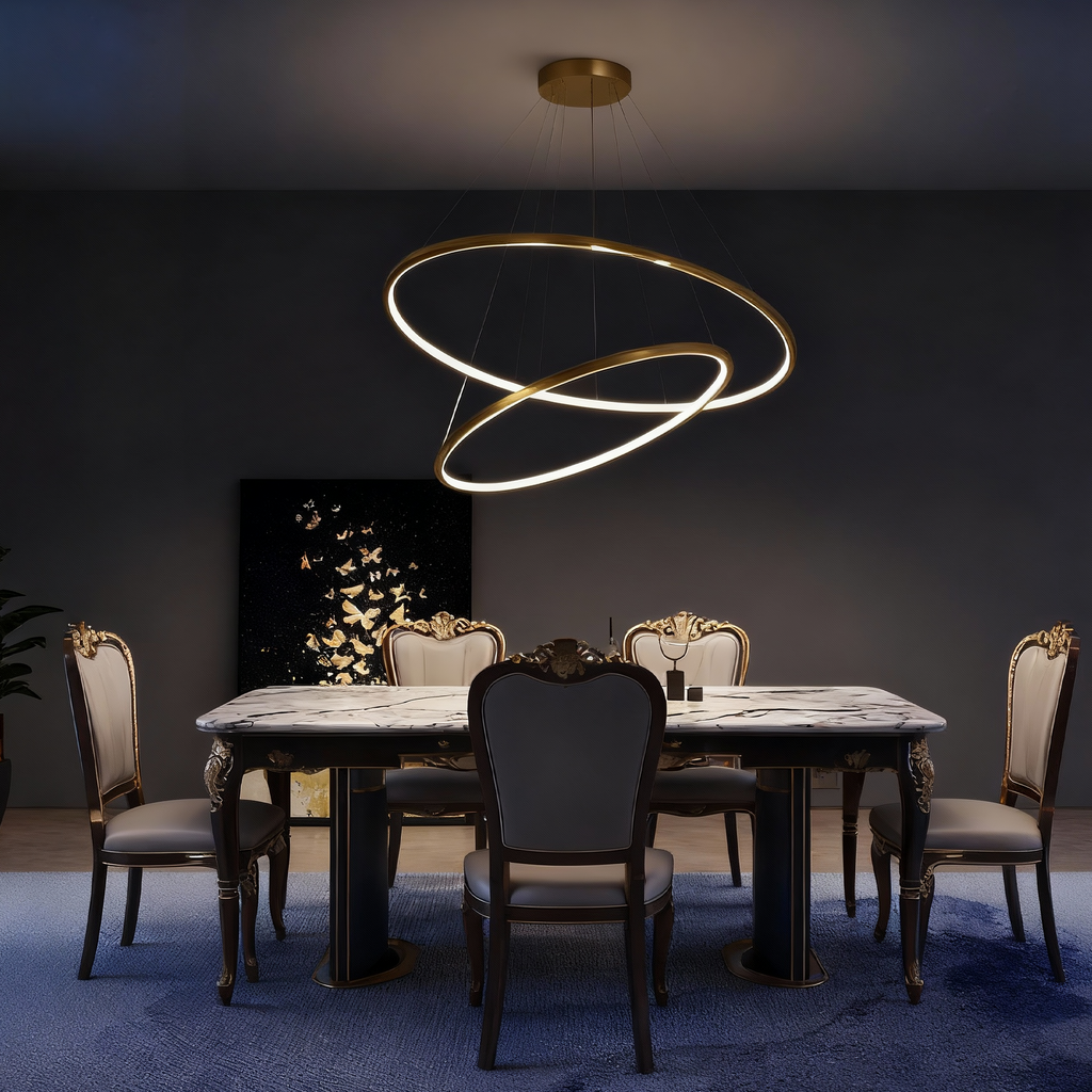 Metallic Gold Ring Chandelier - Warm White 3000K Adjustable Modern Hanging Light