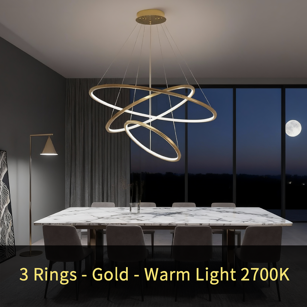 Metallic Gold Ring Chandelier - Warm White 3000K Adjustable Modern Hanging Light