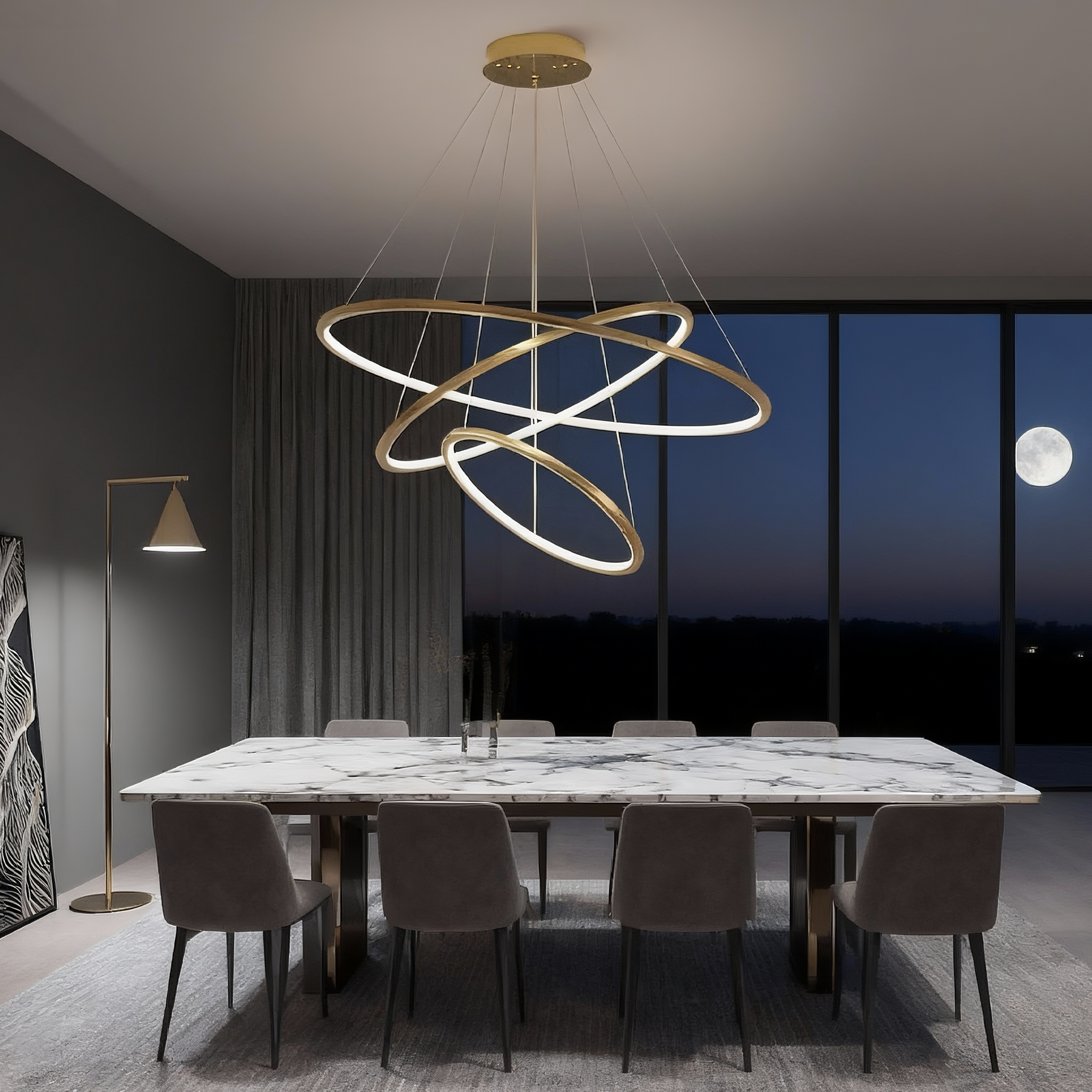 Metallic Gold Ring Chandelier - Warm White 3000K Adjustable Modern Hanging Light
