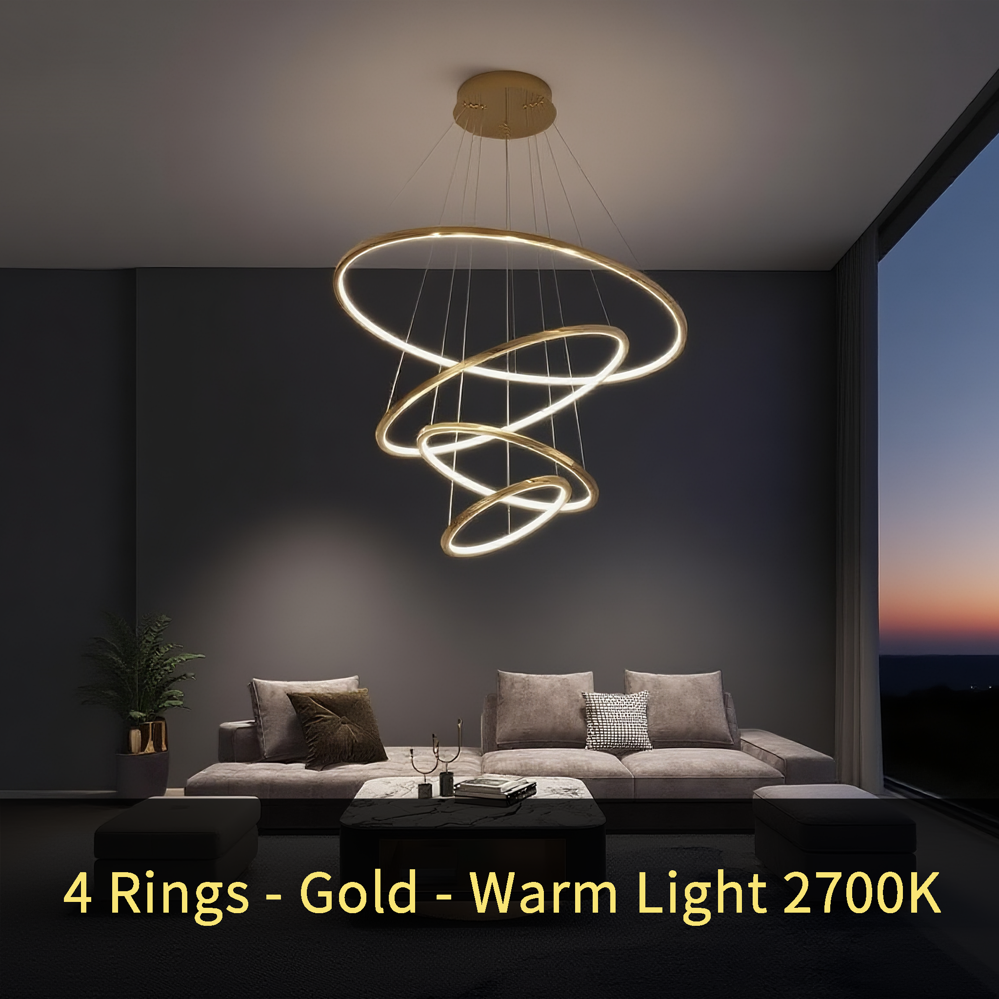 Metallic Gold Ring Chandelier - Warm White 3000K Adjustable Modern Hanging Light