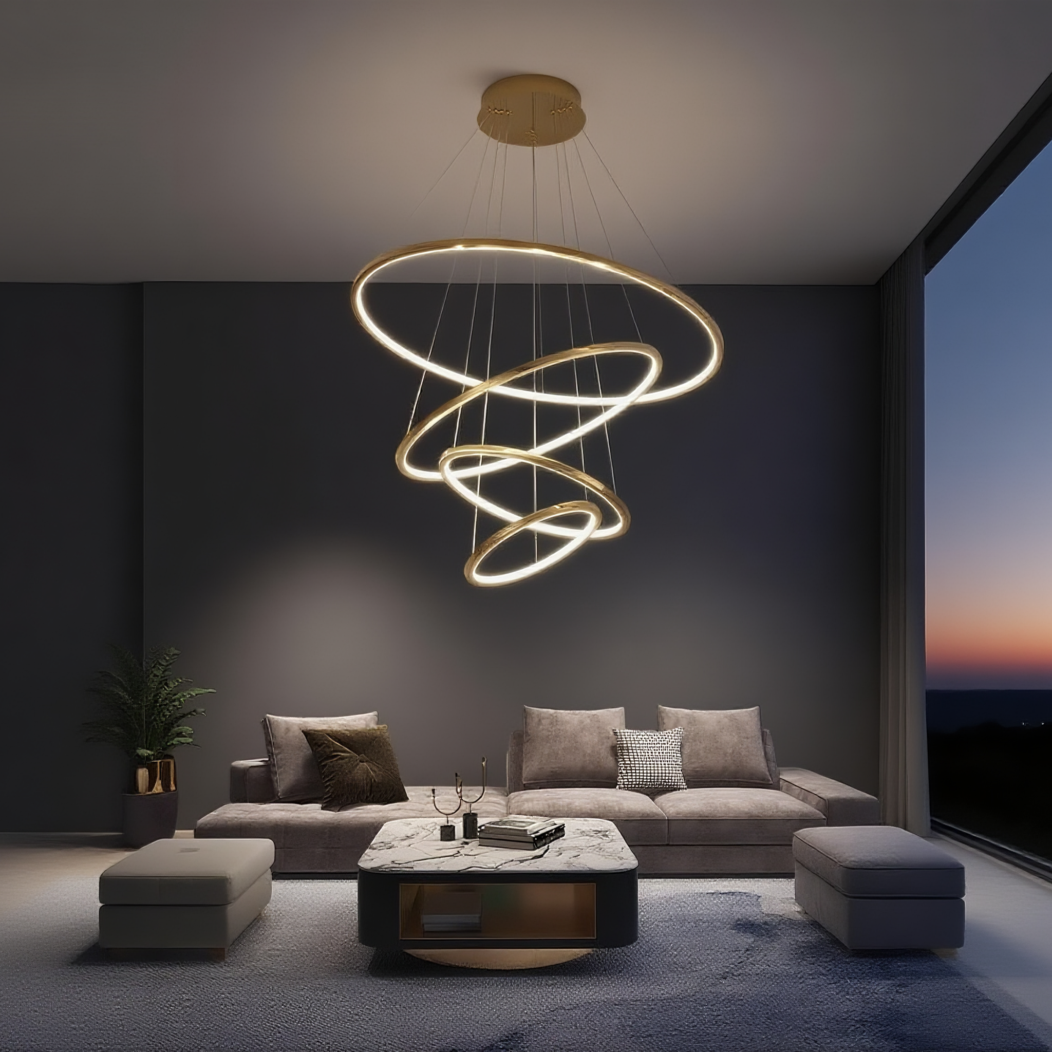 Metallic Gold Ring Chandelier - Warm White 3000K Adjustable Modern Hanging Light