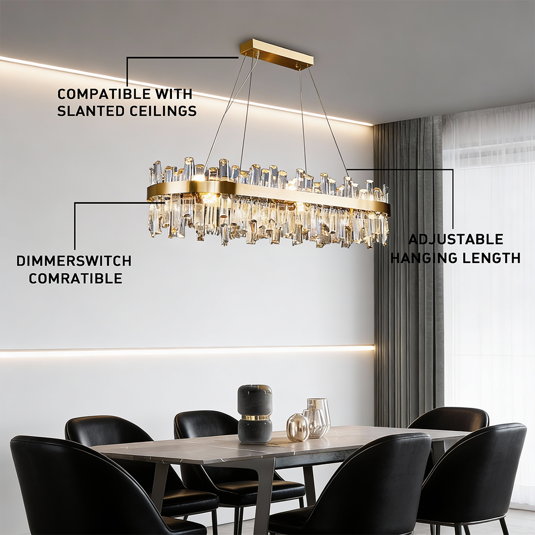 Luxury Crystal Chandelier Pendant Light – Oval Stainless Steel and K9 Crystal, Adjustable LED Lighting for Dining Room, Living Room, and Home Bar