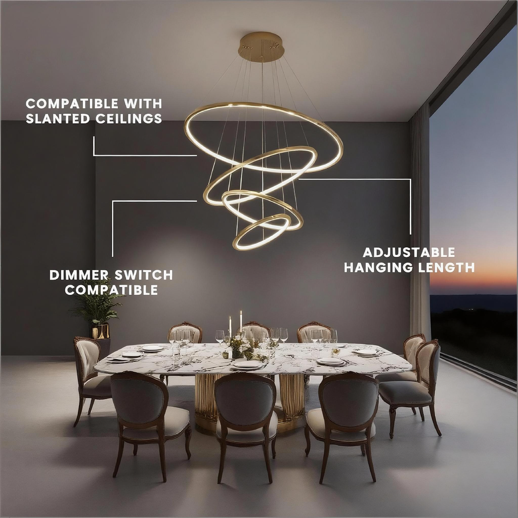 Metallic Gold Ring Chandelier - Warm White 3000K Adjustable Modern Hanging Light