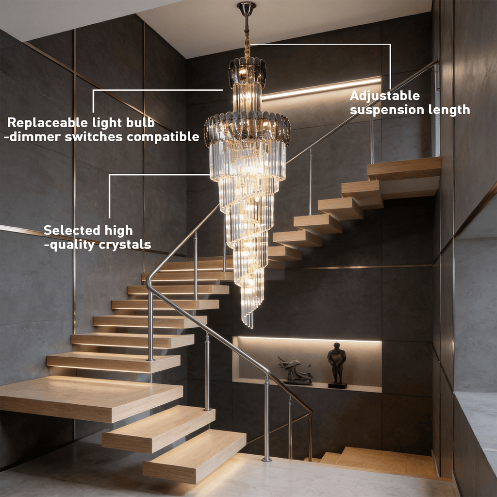 Modern Spiral Crystal Staircase Chandelier – Custom Luxury Lighting for High Ceilings