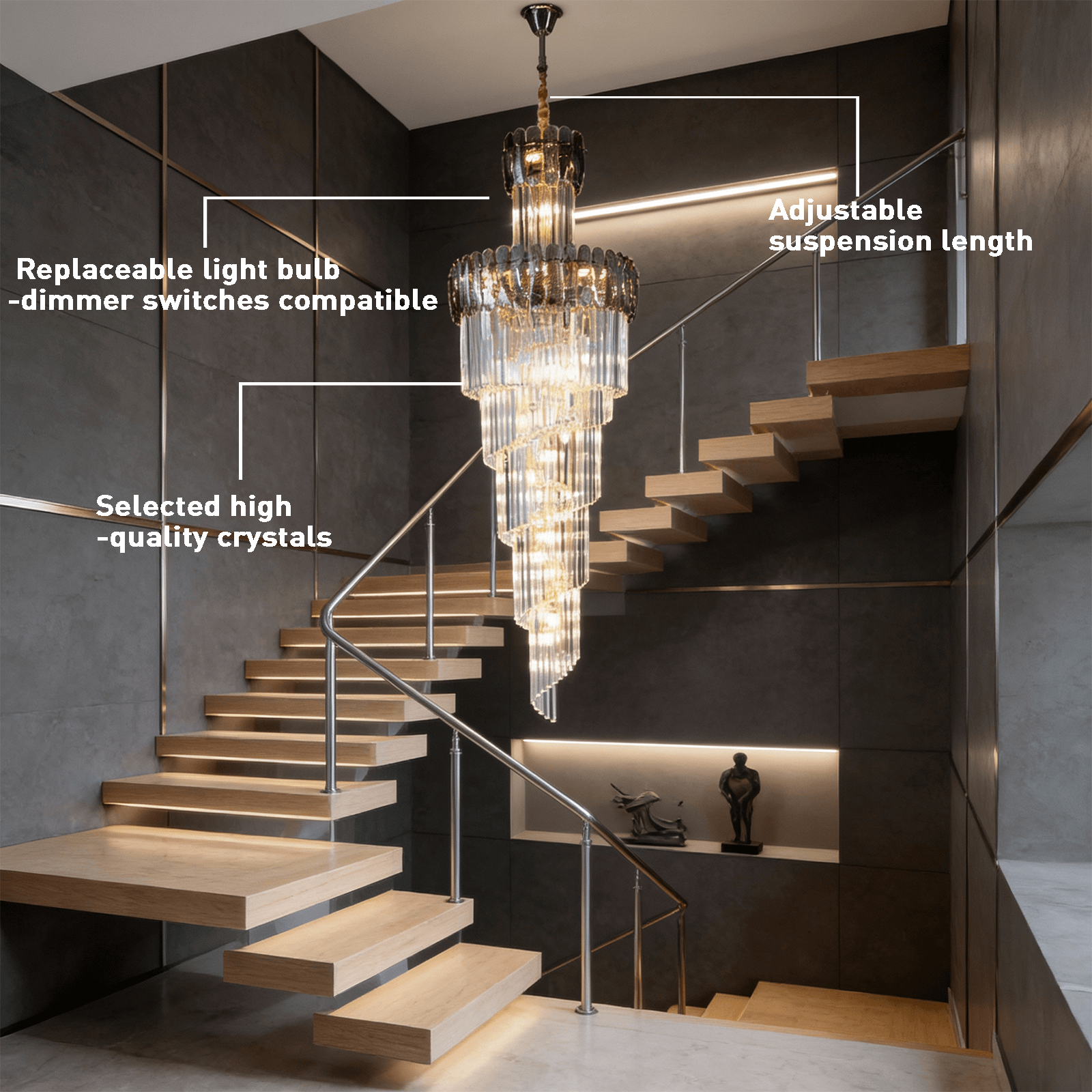 Modern Spiral Crystal Staircase Chandelier – Custom Luxury Lighting for High Ceilings