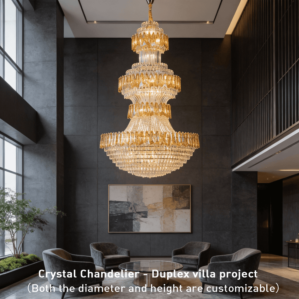 Grand Tiered Crystal Chandelier: Bespoke Statement Lighting for Double-Height Foyer, Luxury Hotel Lobby & Villa Staircase