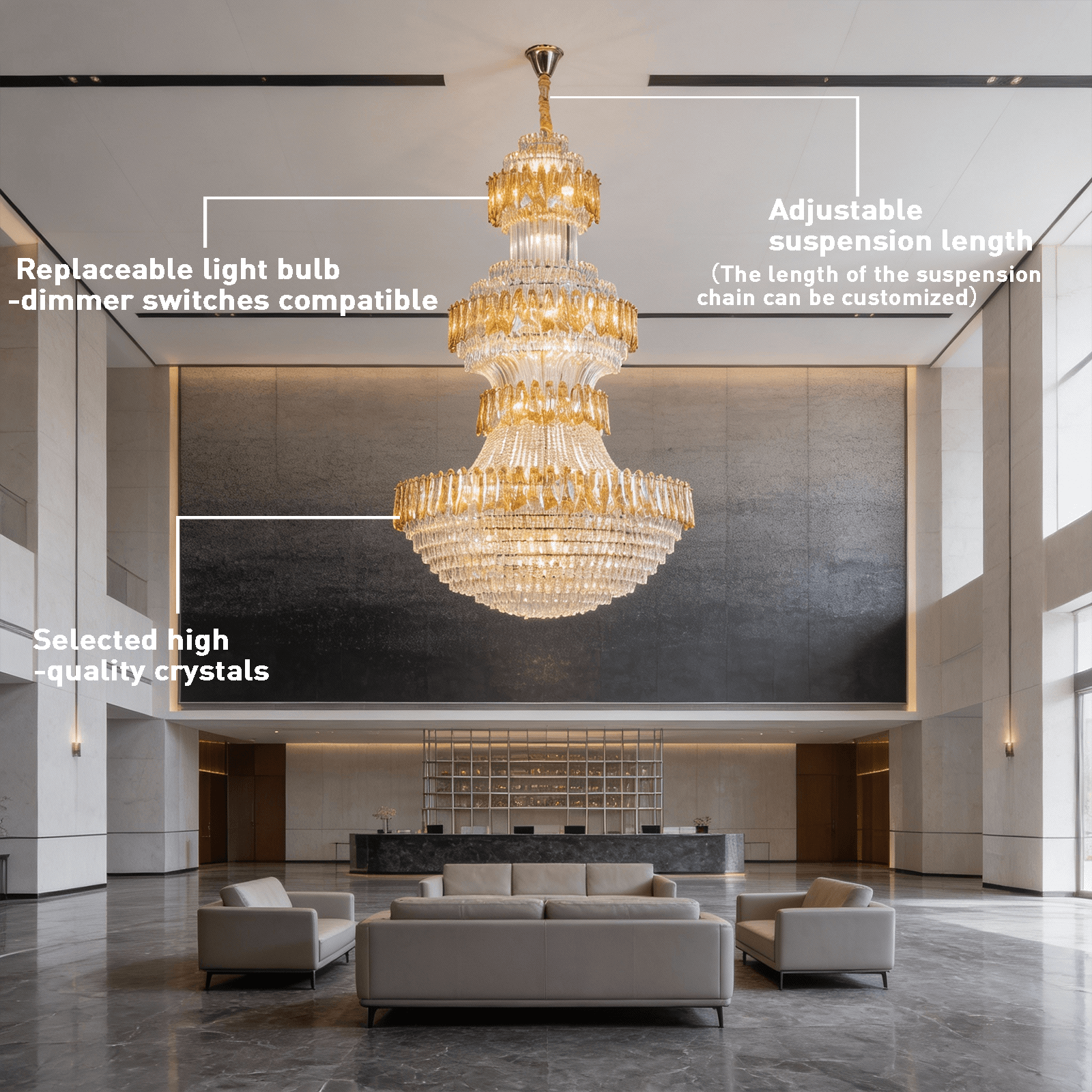 Grand Tiered Crystal Chandelier: Bespoke Statement Lighting for Double-Height Foyer, Luxury Hotel Lobby & Villa Staircase