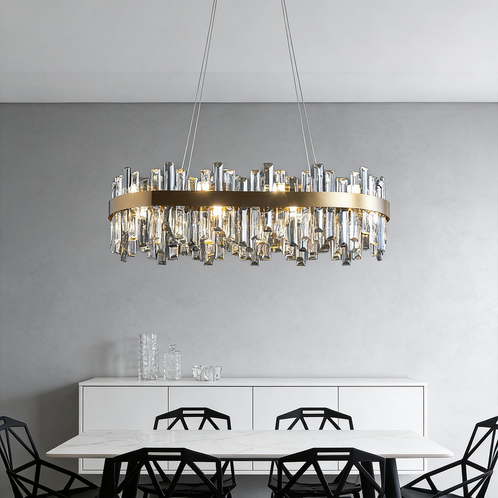 Luxury Crystal Chandelier Pendant Light – Oval Stainless Steel and K9 Crystal, Adjustable LED Lighting for Dining Room, Living Room, and Home Bar