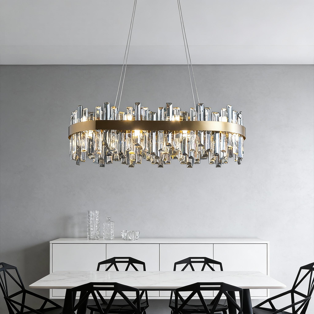Luxury Crystal Chandelier Pendant Light – Oval Stainless Steel and K9 Crystal, Adjustable LED Lighting for Dining Room, Living Room, and Home Bar
