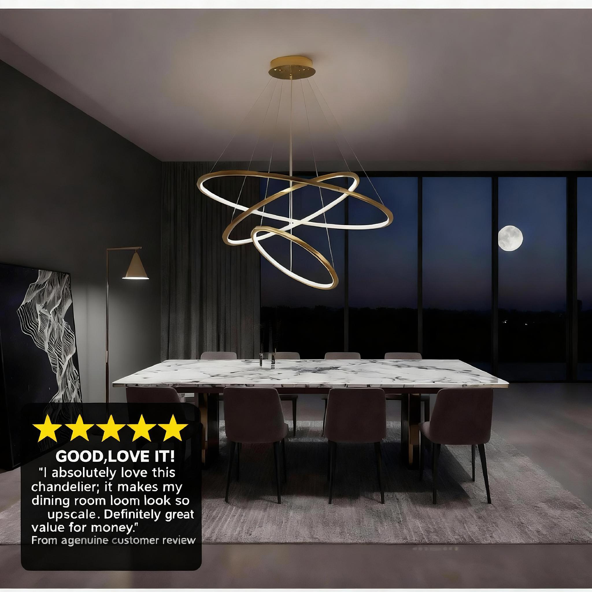 Metallic Gold Ring Chandelier - Warm White 3000K Adjustable Modern Hanging Light