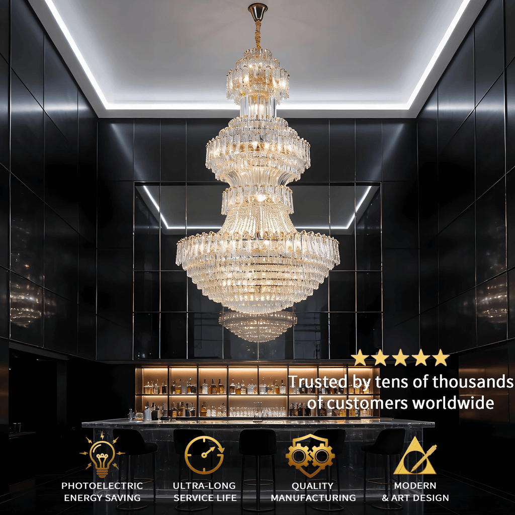 Grand Tiered Crystal Chandelier: Bespoke Statement Lighting for Double-Height Foyer, Luxury Hotel Lobby & Villa Staircase