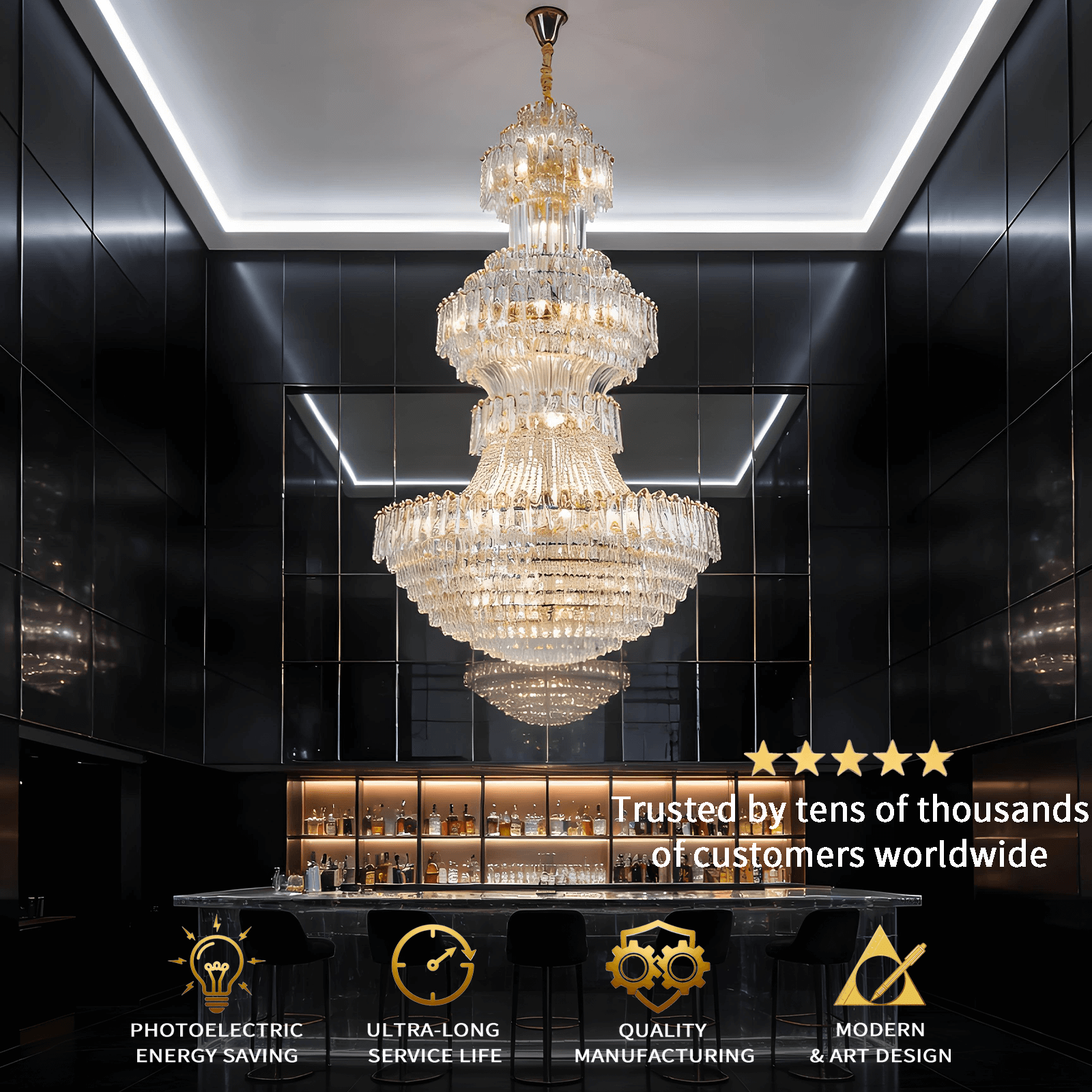 Grand Tiered Crystal Chandelier: Bespoke Statement Lighting for Double-Height Foyer, Luxury Hotel Lobby & Villa Staircase