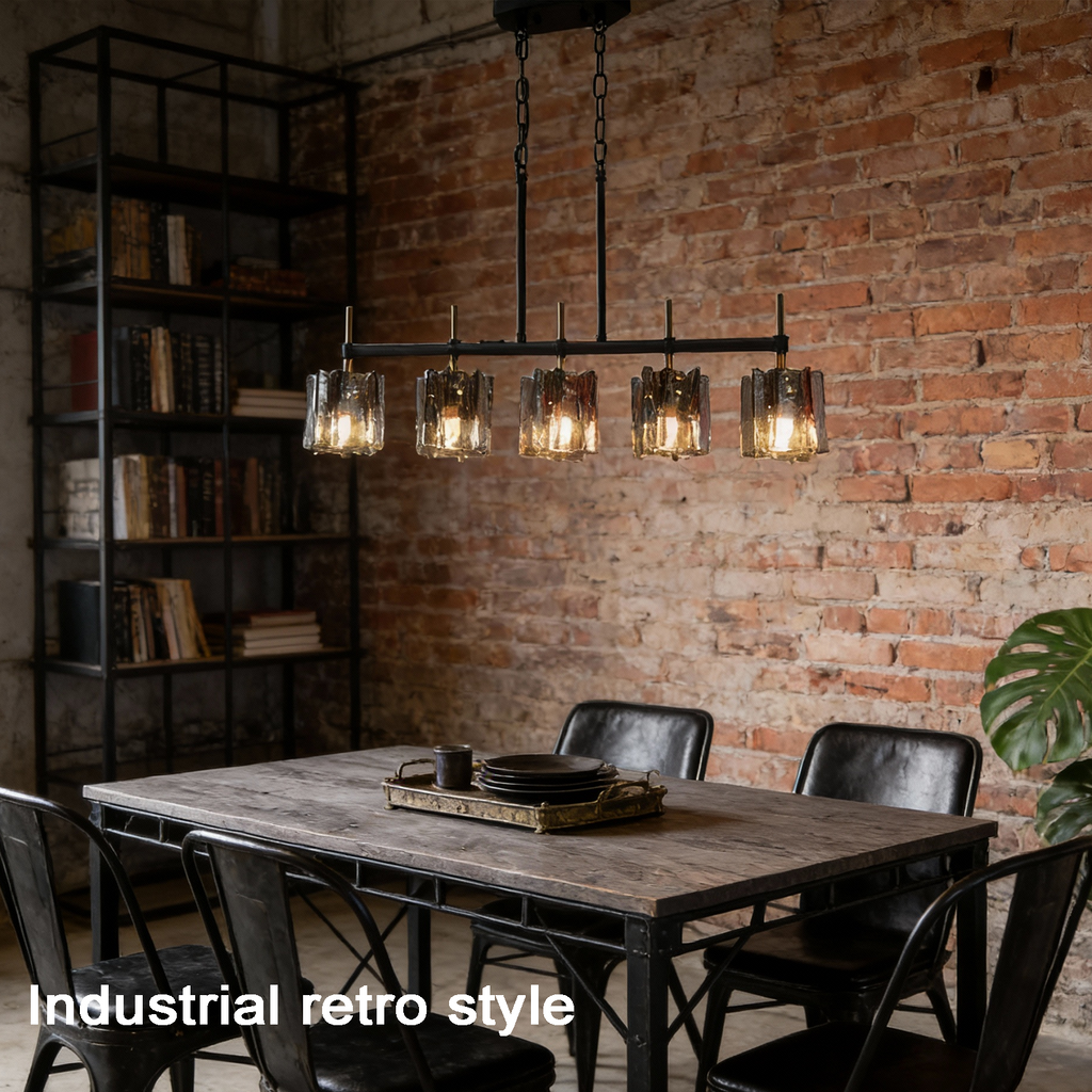 Urban Forge 5-Light Industrial Vintage Glass Chandelier - Rustic Black Iron Pendant Light