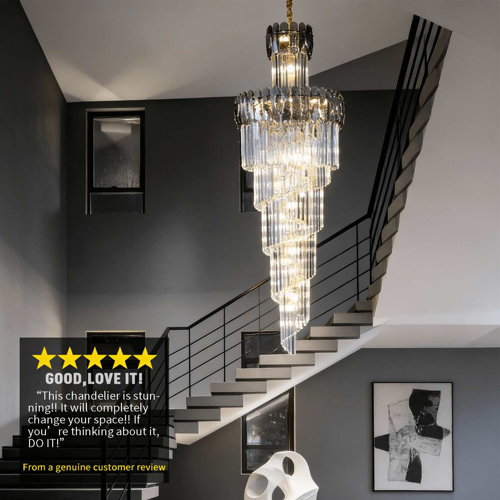 Modern Spiral Crystal Staircase Chandelier – Custom Luxury Lighting for High Ceilings