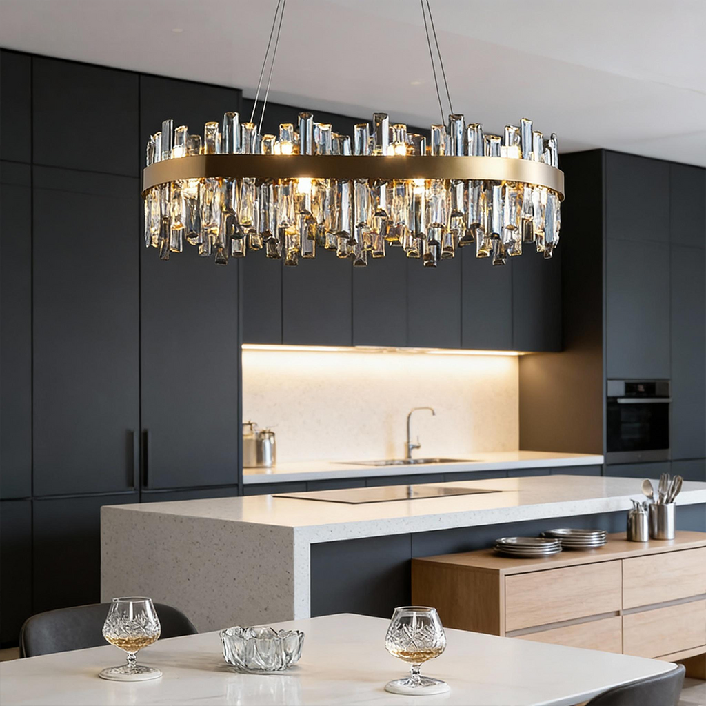 Luxury Crystal Chandelier Pendant Light – Oval Stainless Steel and K9 Crystal, Adjustable LED Lighting for Dining Room, Living Room, and Home Bar