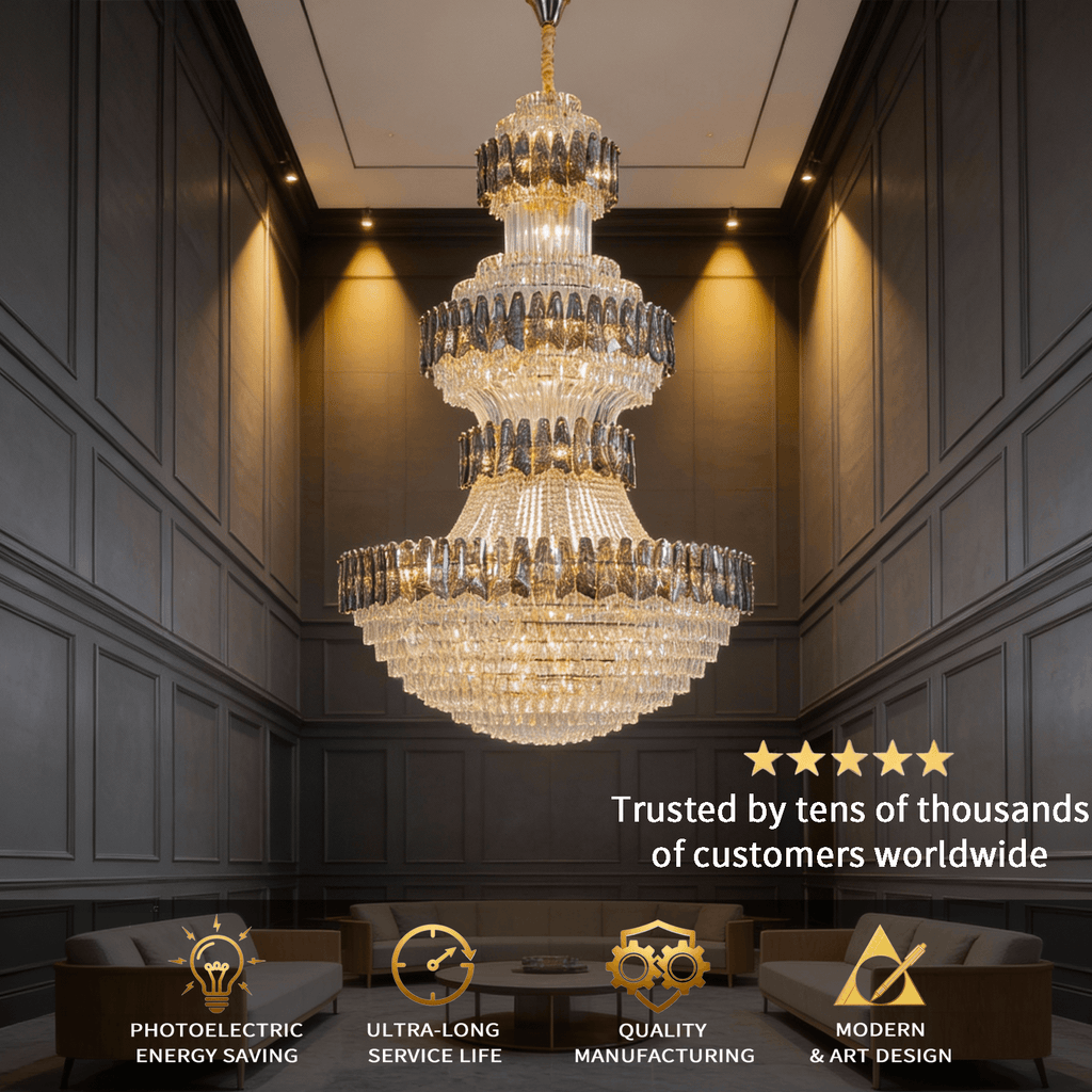 Grand Tiered Crystal Chandelier: Bespoke Statement Lighting for Double-Height Foyer, Luxury Hotel Lobby & Villa Staircase