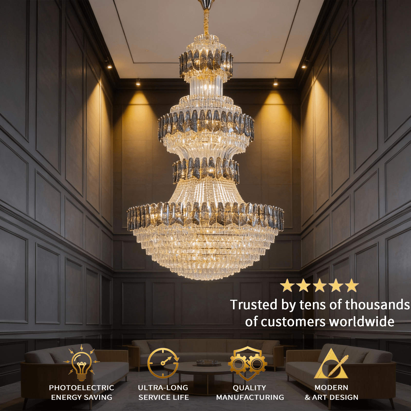 Grand Tiered Crystal Chandelier: Bespoke Statement Lighting for Double-Height Foyer, Luxury Hotel Lobby & Villa Staircase