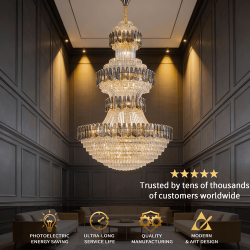 Grand Tiered Crystal Chandelier: Bespoke Statement Lighting for Double-Height Foyer, Luxury Hotel Lobby & Villa Staircase