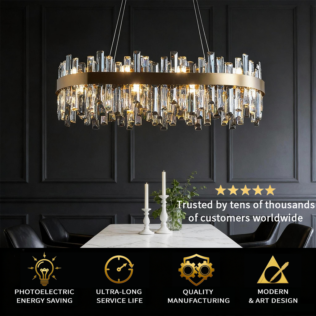 Luxury Crystal Chandelier Pendant Light – Oval Stainless Steel and K9 Crystal, Adjustable LED Lighting for Dining Room, Living Room, and Home Bar