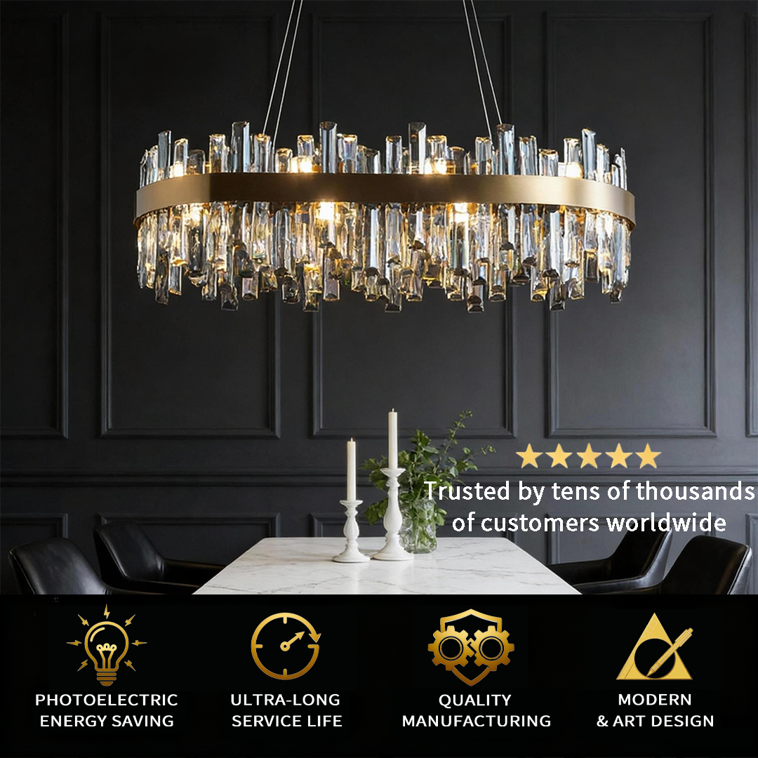 Luxury Crystal Chandelier Pendant Light – Oval Stainless Steel and K9 Crystal, Adjustable LED Lighting for Dining Room, Living Room, and Home Bar