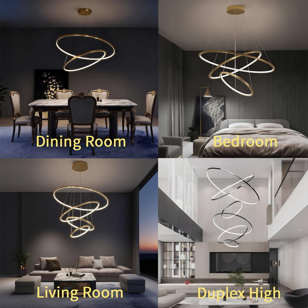 Metallic Gold Ring Chandelier - Warm White 3000K Adjustable Modern Hanging Light