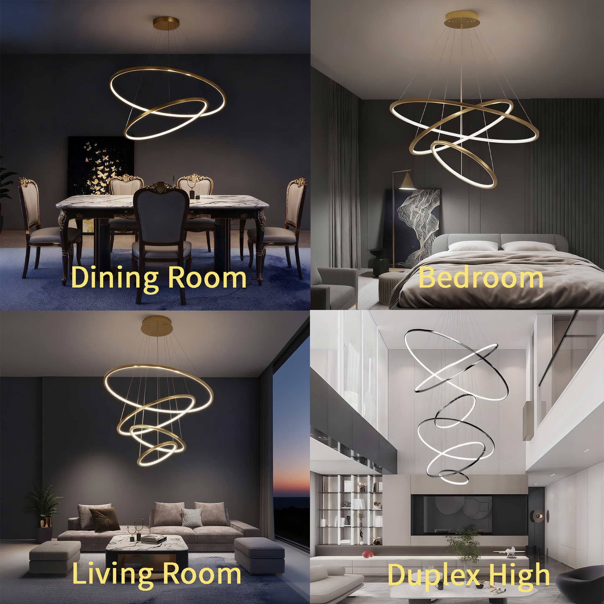 Metallic Gold Ring Chandelier - Warm White 3000K Adjustable Modern Hanging Light