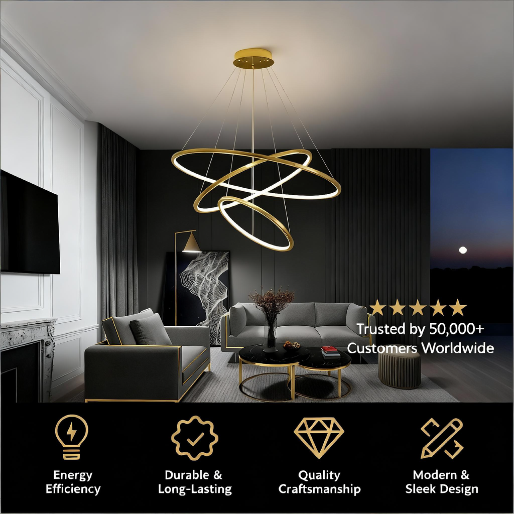 Metallic Gold Ring Chandelier - Warm White 3000K Adjustable Modern Hanging Light