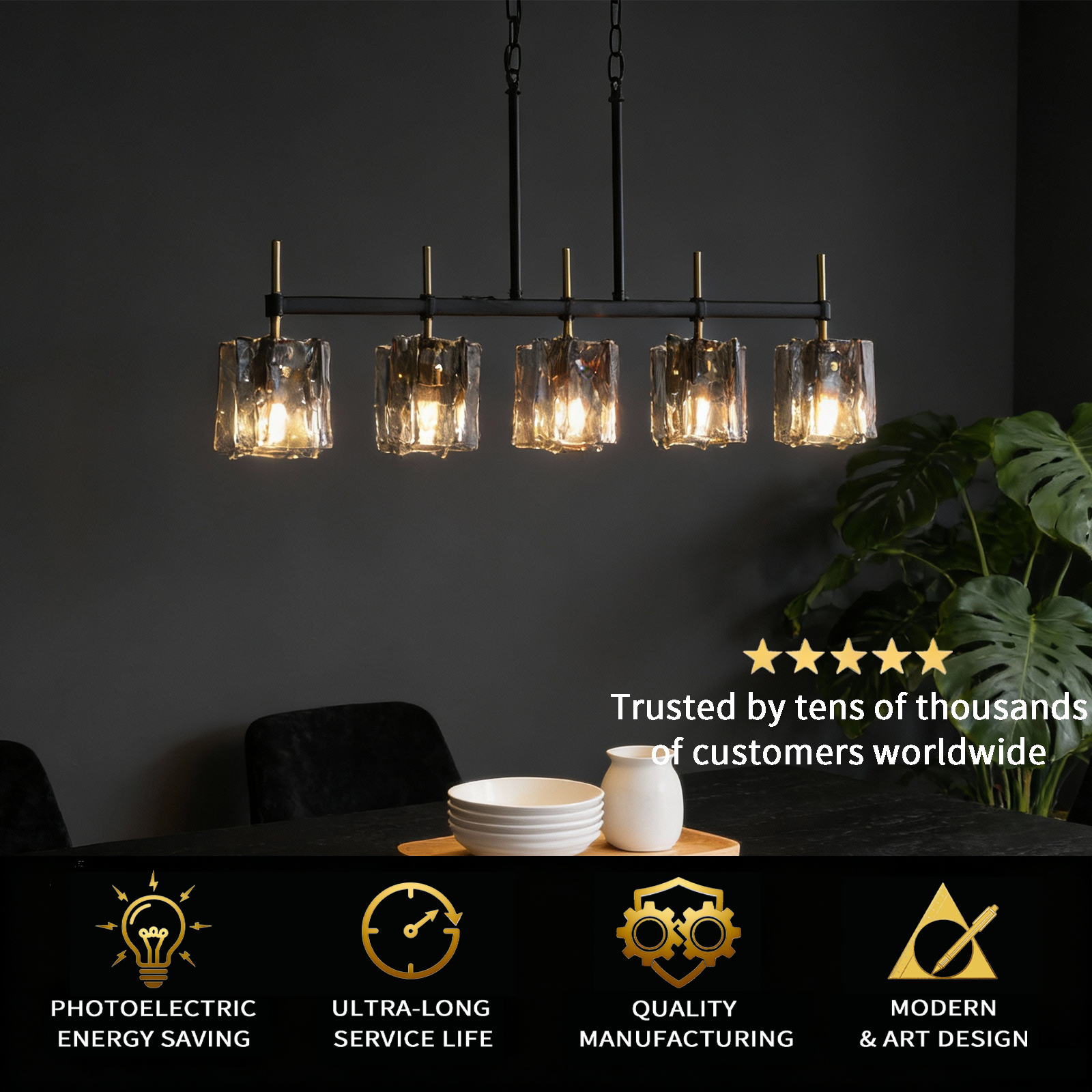 Urban Forge 5-Light Industrial Vintage Glass Chandelier - Rustic Black Iron Pendant Light